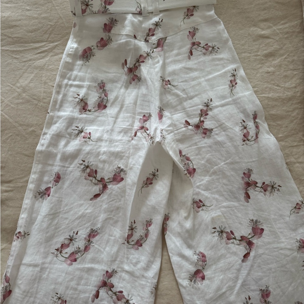 Zimmermann Ivory Pants with Pink Floral Design & Belt - Picture 3 of 4